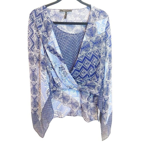 BCBG MAXAZRIA NICKELETTE BLUE & WHITE SILK PRINT HIGH LOW BLOUSE - SIZE S - Picture 1 of 5